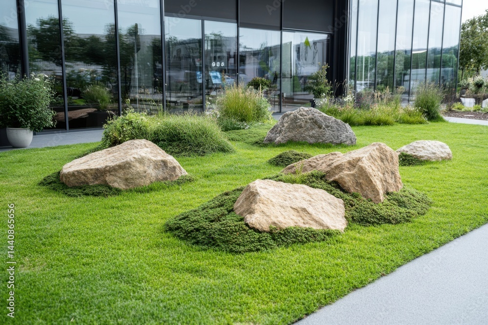 Fototapeta premium Rocks and lush greenery enhance modern landscape design in urban outdoor space