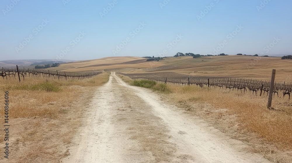 Obraz premium Dirt road between rows of vineyards stretching into the distance