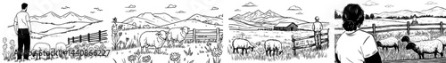 A serene countryside setting featuring sheep and goats grazing in lush green meadows, with a farmer standing nearby a barn and hills visible in the distance, perfect for agricultural and rural