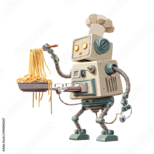A robot chef serving spaghetti 
