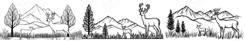 A beautiful silhouette of deer in a mountainous forest landscape, well-suited for use in nature-inspired designs