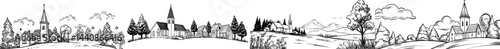 A quaint town's black silhouette, complete with assorted buildings, a church steeple, and trees, is perfect for design projects