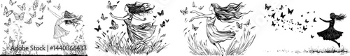 A delicate outline of a dancing fairy encircled by fluttering butterflies, representing freedom and beauty in nature
