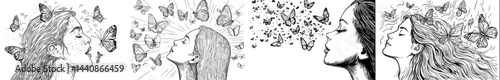 A woman's silhouette enveloped by butterflies represents freedom and inspiration, ideal for artistic and nature-inspired endeavors