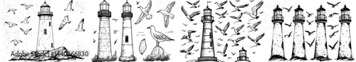 A compilation of lighthouse outlines highlighting diverse styles, ideal for ocean-inspired themes, seaside decor, or contemporary artwork