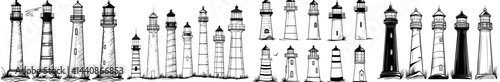 A variety of lighthouse silhouettes in different styles, ideal for use in nautical themes, graphic design projects, and maritime illustrations