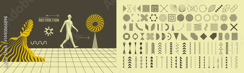 Art composition. Ocean wave. Abstract man stepping forward. One person walking on the road. 3D human body model. Leadership or development concept. Icon set. Collection of different graphic elements.