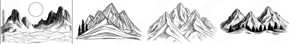 A set of six mountain designs in black silhouette form, suitable for projects centered around outdoor adventures
