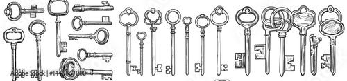 A compilation of vintage key shapes displaying an array of intricate patterns, suitable for home decoration or security-inspired initiatives