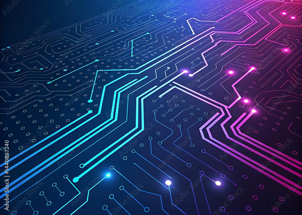 Abstract digital circuit board illuminated with glowing lines and lights. Abstract digital circuit board illuminated with glowing lines and lights.