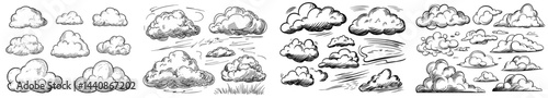 A compilation of diverse cloud forms and silhouettes in monochrome, ideal for use as backgrounds or design components