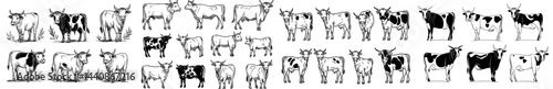 A compilation of contemporary artwork showcasing diverse cows in monochrome, suitable for farm-related topics