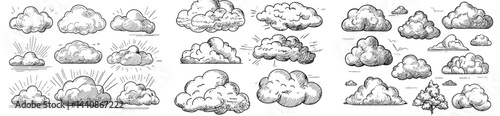 A variety of black clouds in different forms and dimensions, perfect for graphic design and weather-related concepts