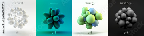 Molecule. A sphere of small balls. Concepts of chemical investigation, diagram of structure of molecule. A group of atoms. Scientific illustration. 3D vector for brochure, poster, presentation, flyer.