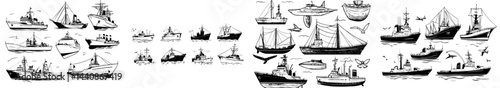 Maritime design is showcased through a collection of ship silhouettes featuring various types of vessels including naval, cargo, and fishing boats