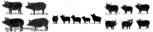 A compilation of dark pig silhouettes in diverse poses and styles, suitable for farm-themed designs or artwork