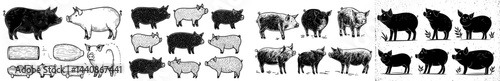 A set of black silhouette illustrations featuring adorable pigs, ideal for designs or projects with a farm or agricultural theme
