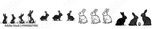 A compilation of black rabbit outlines displaying diverse postures and viewpoints, ideal for graphic design and illustration undertakings