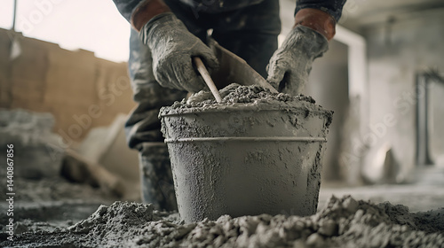Construction Worker Mixing Cement in a Bucket