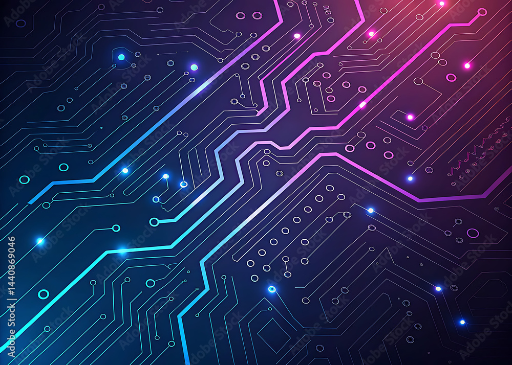 Abstract digital circuit board illuminated with glowing lines and lights. Abstract digital circuit board illuminated with glowing lines and lights.