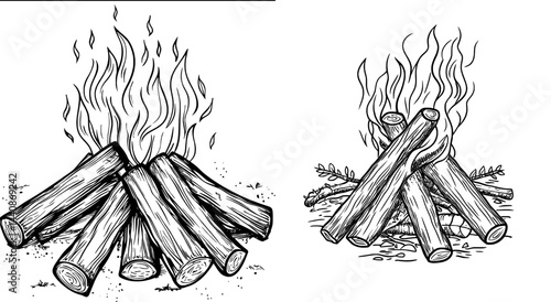 A dramatic profile of a campfire with radiant flames ascending above piled logs, suited for outdoor and camping themes