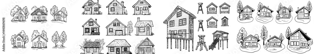 A compilation of nine black silhouette illustrations depicting various house designs, highlighting diverse architectural styles and features