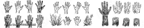 A compilation of artistic hand silhouettes displaying a range of gestures and movements in monochrome
