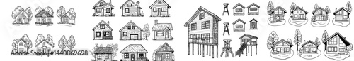 A compilation of nine black silhouette illustrations depicting various house designs, highlighting diverse architectural styles and features