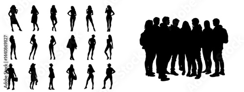 A gathering of shadowy forms depicting people from different backgrounds in a range of postures and pursuits, ideal for representing community and lifestyle concepts