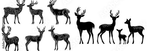This assortment of deer profiles displays a range of poses and antler formations, making it a great resource for nature-themed graphic designs and illustrations