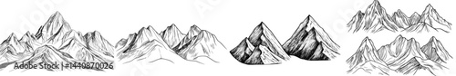 A compilation of monochrome mountain artwork featuring diverse peaks and scenery, perfect for outdoor and adventure motifs