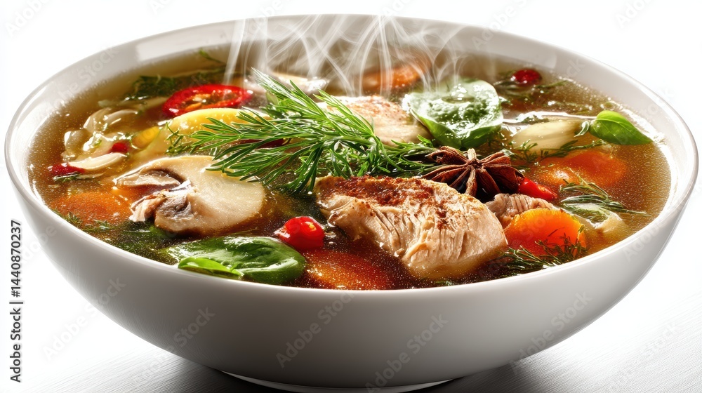 a steaming bowl of rich chicken noodle soup with vegetables and herbs on a white isolated background, warm and hearty design a steaming bowl of rich chicken noodle soup with vegetables and herbs on a white isolated background, warm and hearty design