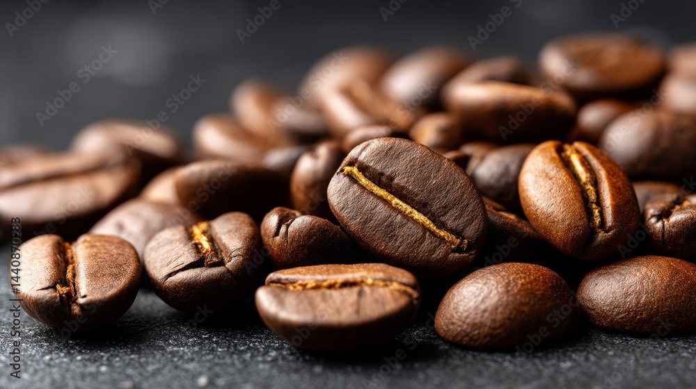 Naklejka premium Roasted Coffee Beans Close Up - Aromatic roasted coffee beans, rich brown color, close-up view. Perfect for coffee shop menus, websites, or packaging