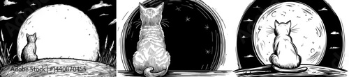 A cat's silhouette is set against the backdrop of a full moon, creating a peaceful nighttime atmosphere
