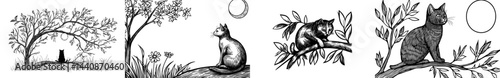 A peaceful outline of a cat resting beneath a tree set against a complete moon background, ideal for designs centered around nature