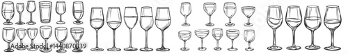 A assortment of diverse wine and cocktail glasses in silhouette form, ideal for design and illustration needs