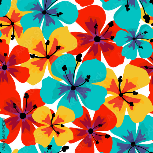 modern bright seamless hawaiian floral pattern tropical hibiscus flowers white background, colorful summer exotic design for fabric, textile, wrapping, beachwear card