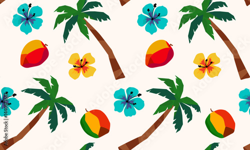 seamless tropical pattern with palm trees, mango fruits and hibiscus flowers on white background, exotic summer design for vacation, beachwear, textile, wrapping