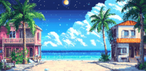 Colorful beachfront paradise at twilight features a dreamy starry sky and tropical palm trees swaying gently in the warm breeze