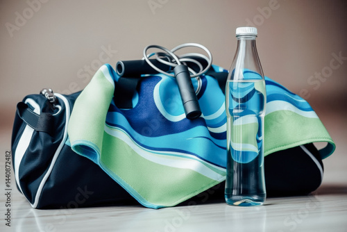Obraz na płótnie Workout Essentials: Bag, Jump Rope, and Water Bottle w salonie
