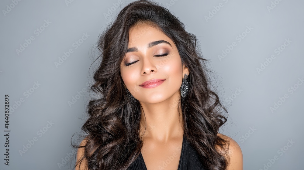 Serene Beauty Indian Woman Portrait - A beautiful Indian woman with long, flowing brown hair and subtle makeup, exuding serenity, elegance, and inner peace. The symbolizes beauty, confidence, grace Serene Beauty Indian Woman Portrait - A beautiful Indian woman with long, flowing brown hair and subtle makeup, exuding serenity, elegance, and inner peace. The symbolizes beauty, confidence, grace