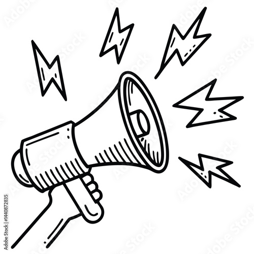 Hand holding a megaphone with lightning bolts