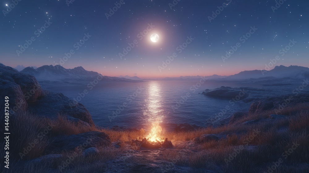 Fototapeta premium Nighttime Campfire by the Lake Under the Full Moon and Starry Sky