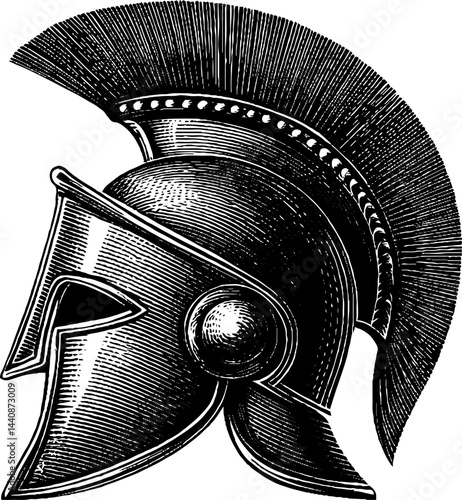 Engraved knight helmet with intricate black details for historical design