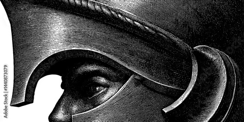 Engraved illustration of knight's helmet in black and white for historical designs