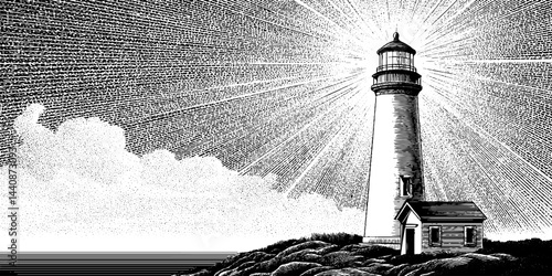 Engraved lighthouse illustration with radiant sky in bold black design