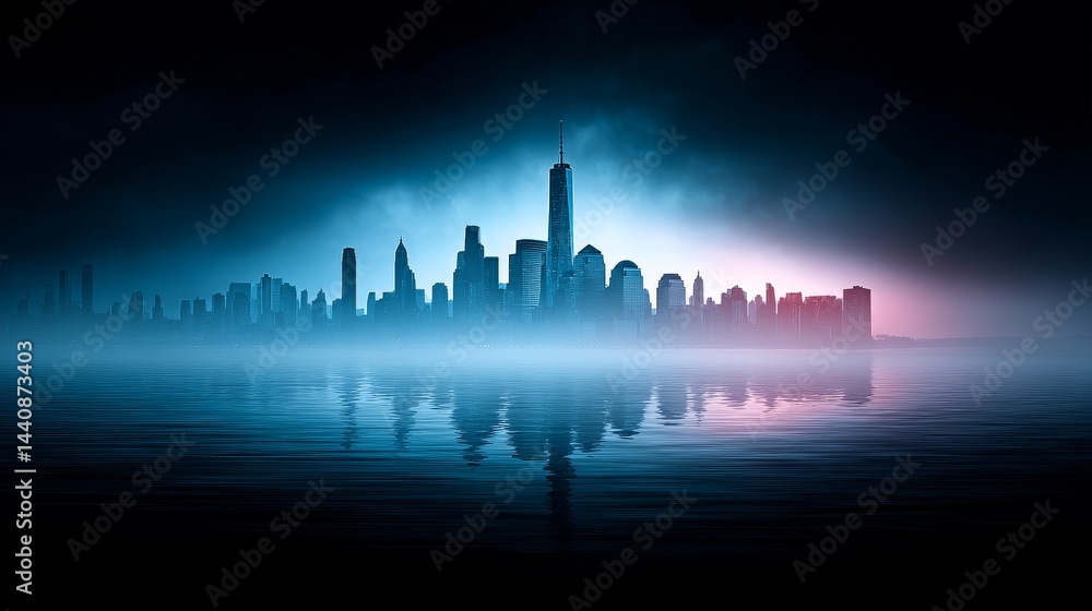 Fototapeta premium Serene Cityscape at Dusk - A tranquil cityscape at twilight, reflecting on calm waters. Symbolizing peace, urban beauty, reflection, serenity, and the passage of time