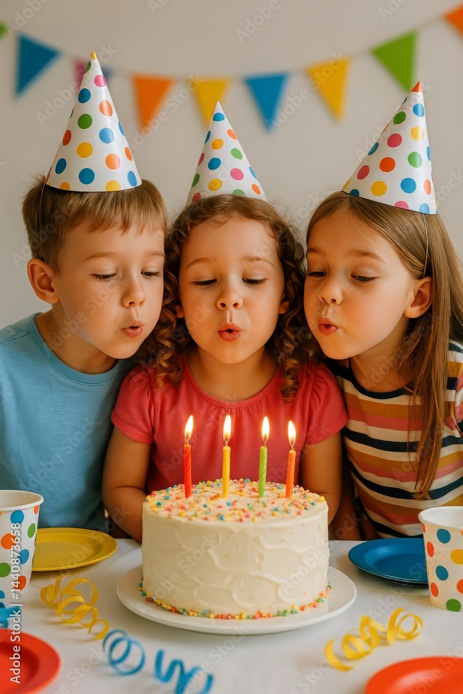 Children Celebrate a Birthday With Cake and Candles in a Decorated Room