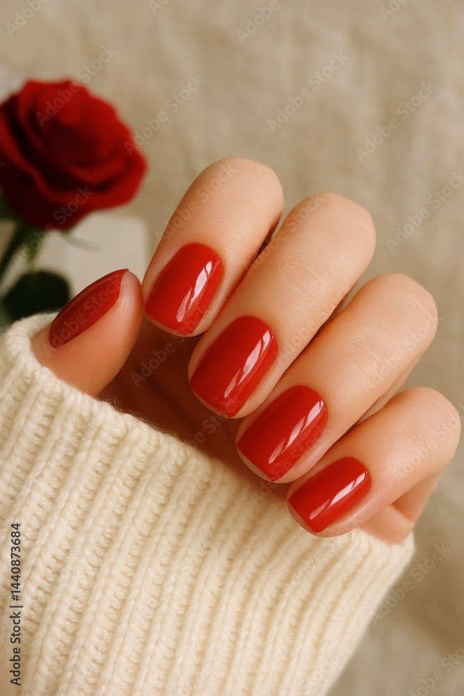 Elegant Red Manicure With Glossy Finish Displayed Against Neutral Background