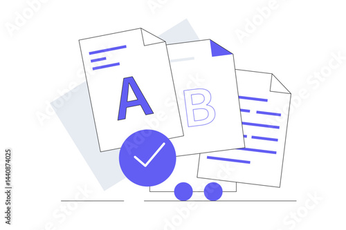Document project, data optimization. Ab testing. Development testing. Flat Cartoon Vector Illustration, icon. Stylish abstract design landing page